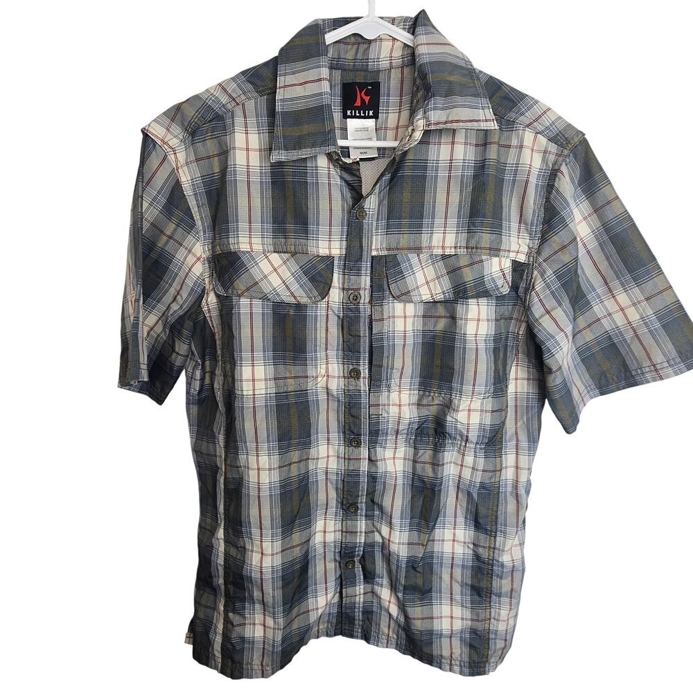 Killik Fishing Shirt Men M Blue Plaid Vented Outdoor Camping Adventure Hiking